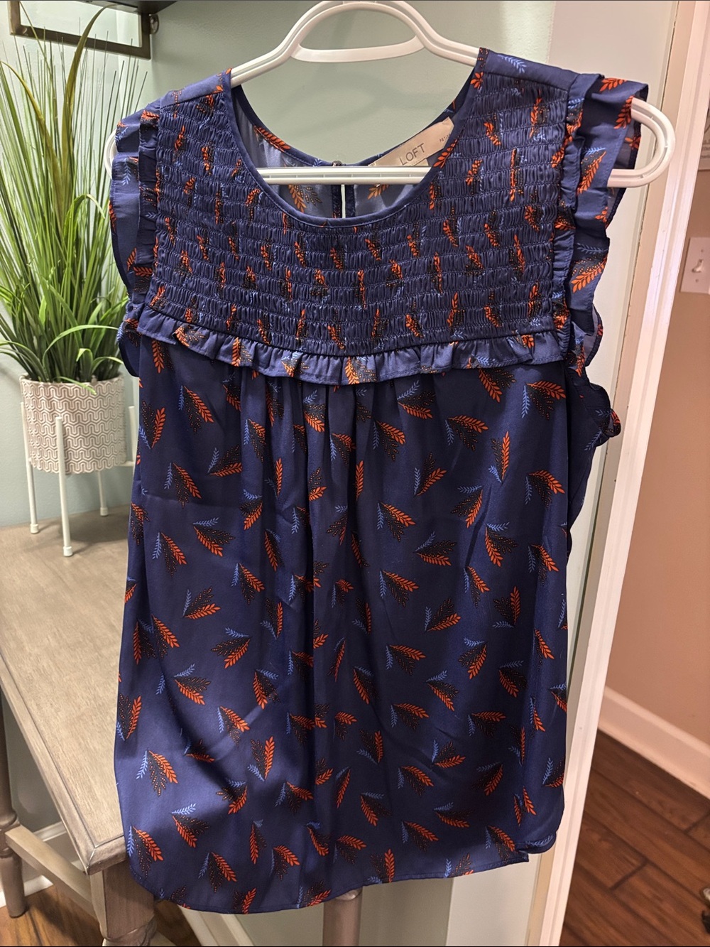 LOFT Navy Ruffle Smocked Shell with Rust Leaf Motif